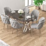 Canisa Zae Serisi 90x168 Lak Panel Antrasit Ironi krom Ayak Masa Takımı 6 Gri Sandalye
