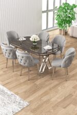 Canisa Zae Serisi 90x168 Lak Panel Antrasit Ironi krom Ayak Masa Takımı 6 Gri Sandalye