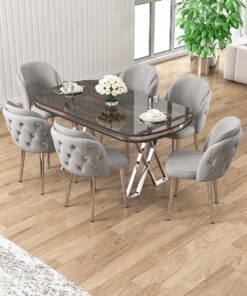 Canisa Zae Serisi 90x168 Lak Panel Antrasit Ironi krom Ayak Masa Takımı 6 Gri Sandalye