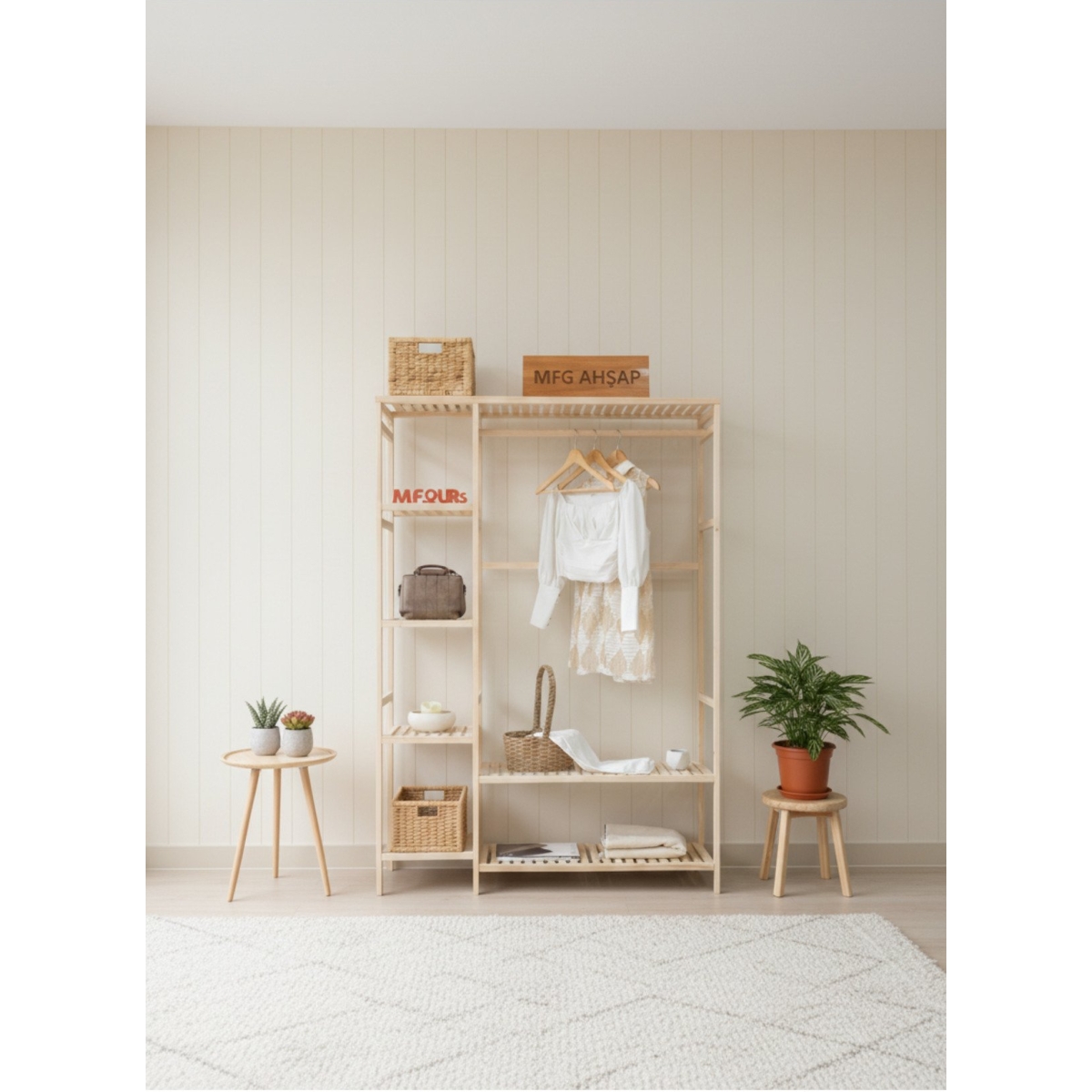 MFG AHŞAP Açık Gardrop 148x96x35cm Ahşap Raflı Elbise Askılığı - Görsel 3