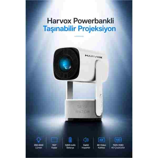 SEYUWATCH Taşınabilir Powerbankli 4K Destekli 1080P Android Sistemli Sinema Projeksiyon Cihazı