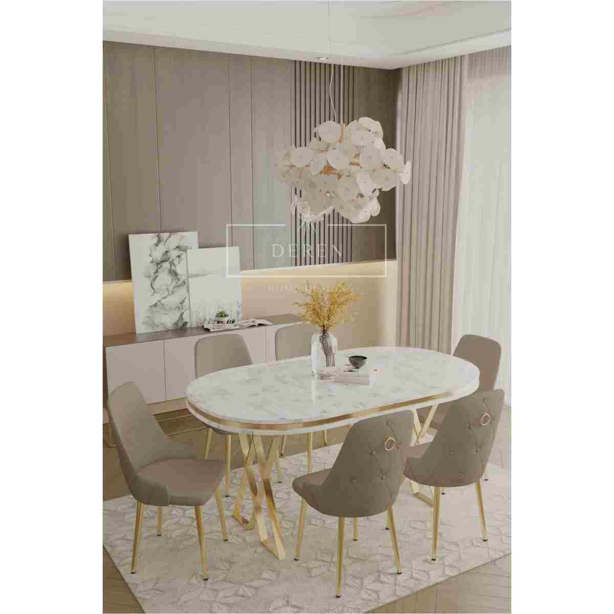 DEREN HOME Fe Serisi Lak Panel Mdf Beyaz Silinebilir Kumaş Gold Ayak Masa Takımı 6 Adet Krem Sandalye - Görsel 5