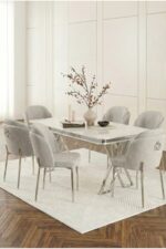 DEREN HOME Rigella Max Krom 80x130 MDF Sabit Masa Metal Ayak + 6 Adet Silinebilir Sandalye KREM - Görsel 6