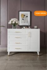 mapahomeliving Panjurlu 4 Çekmeceli 1 Kapaklı Şifonyer Modern Tasarım, MDF Kapak,Ekru Ceviz - Görsel 8