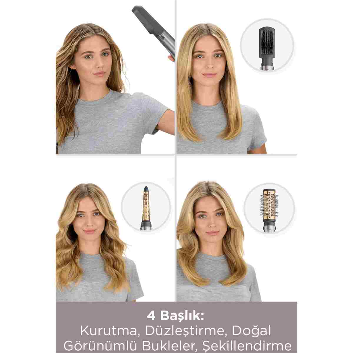 BABYLİSS Air Styler 1000W 200 Derece İyon Etkili 4 Başlıklı Hava Üflemeli Saç Şekillendirici Seti Gri AS136E - Görsel 18