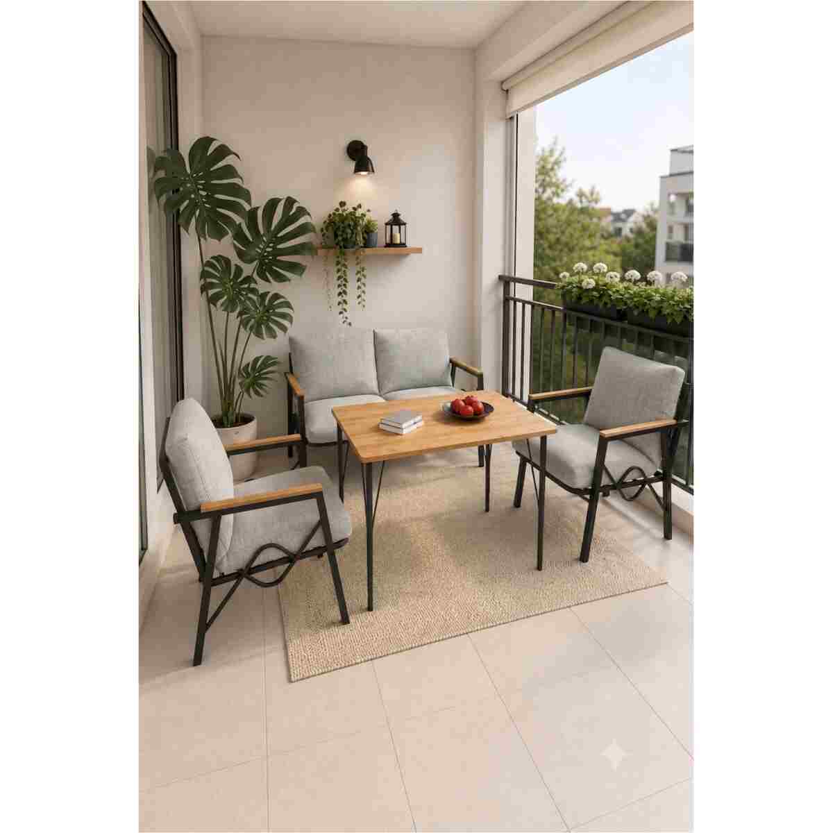 DORUK HOME Balkon, Bahçe, Cafe, Metal Koltuk Takımı, Bahçe Takımı , Çay Seti, 2 1 1 Açık Gri Masa - Görsel 4