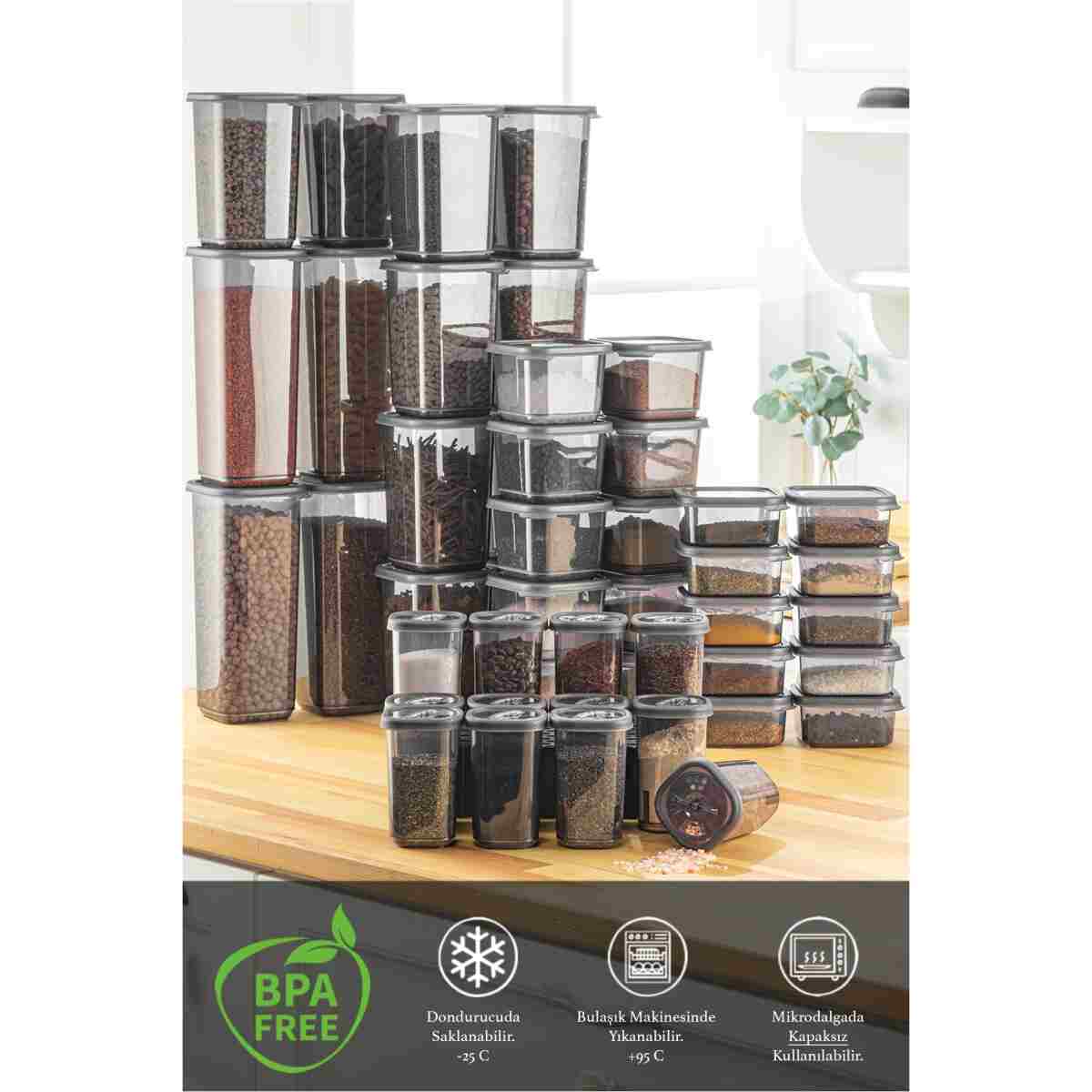 Meleni Home 46 Parça Kare Erzak Ve Bakliyat Saklama Kabıbaharat Seti 12x300ml 10x(350ML 500ML 1100ML) 4x1700ml - Görsel 9