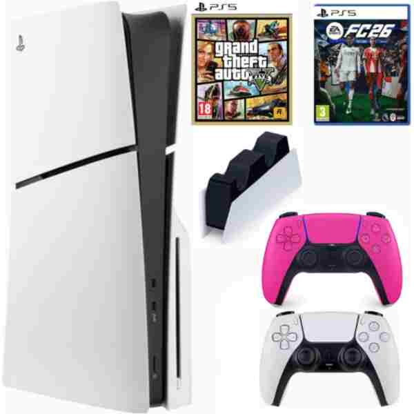 Sony Playstation 5 Slim cdli + 2.kol Dualsense pembe + Şarj + FC26 + GTA 5 ( İthalatçı Garantili )