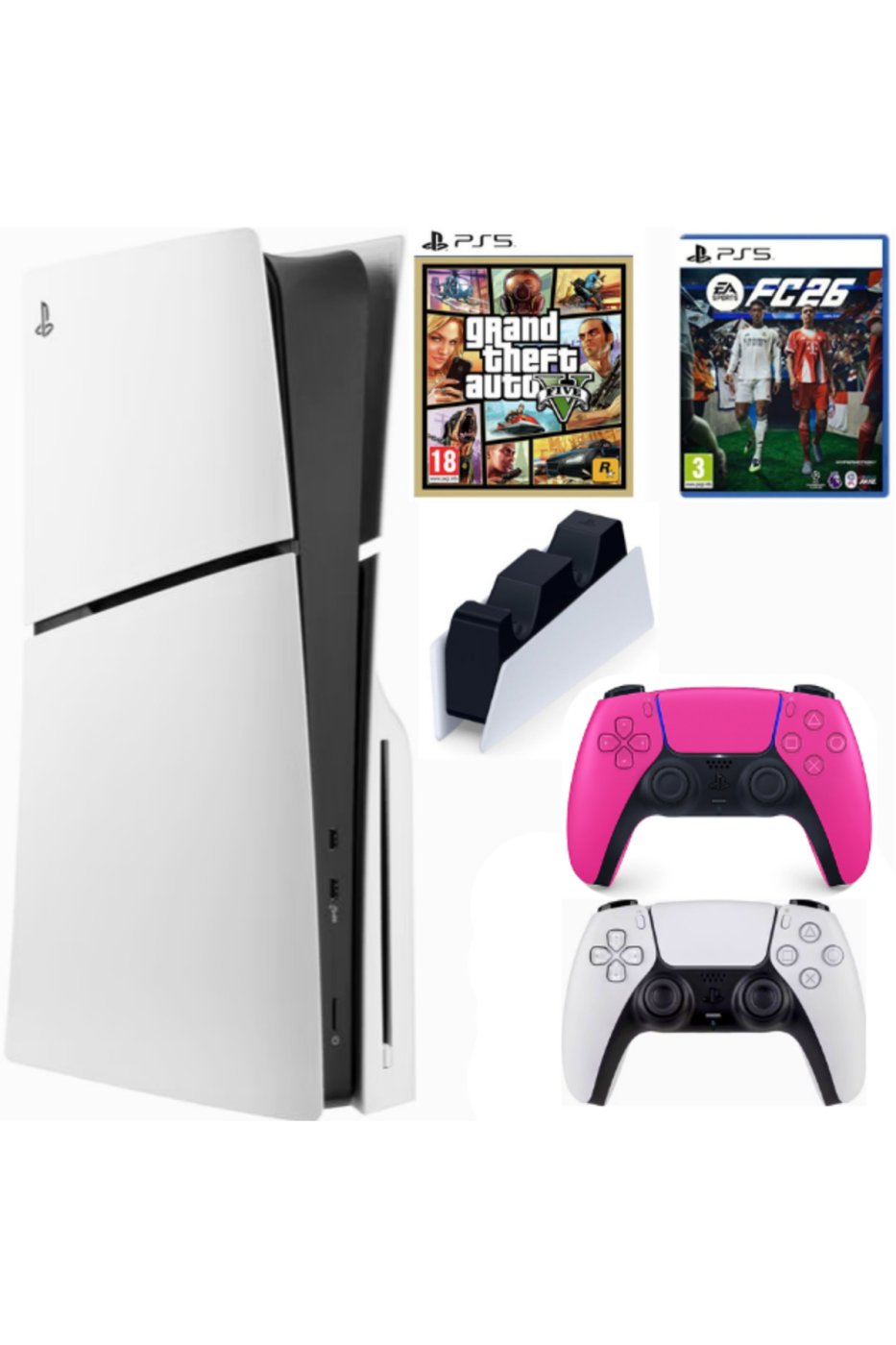 Sony Playstation 5 Slim cdli + 2.kol Dualsense pembe + Şarj + FC26 + GTA 5 ( İthalatçı Garantili )