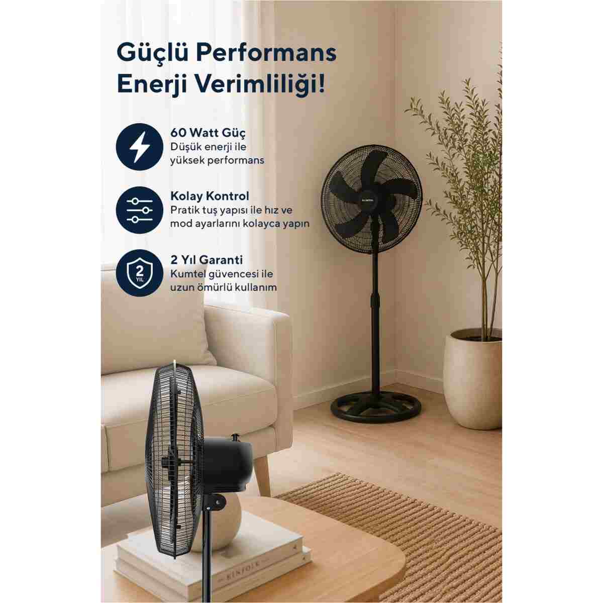 KUMTEL KTF-345 Siyah 18 İnç Ayaklı Vantilatör 60 W, 5 Pervaneli, 3 Kademeli, 132 cm - Görsel 6