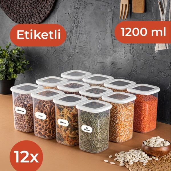 Vienev Beyaz Etiketli 12'li Set Orta Boy 1,2 Litre Kare Erzak Saklama Kabı Beyaz