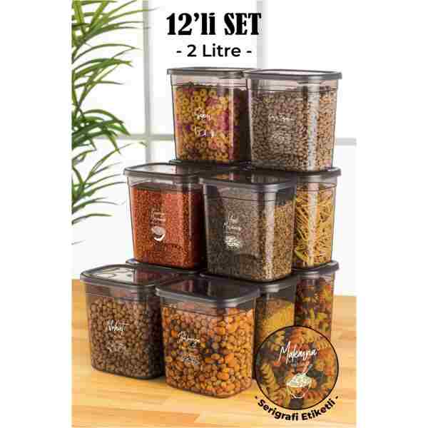 Vienev Beyaz Serigrafi Etiketli 12li Set Peggy Şeffaf Kapaklı Uzun Dikdörtgen Saklama Kabı 2 Litre