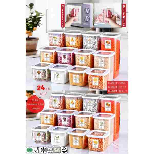 Nandy Home 24'li Set Etiketli, Kırılmaz Kare Erzak Saklama Kabı Beyaz X8 1,75 Lt/1,2 Lt/0,5 Lt