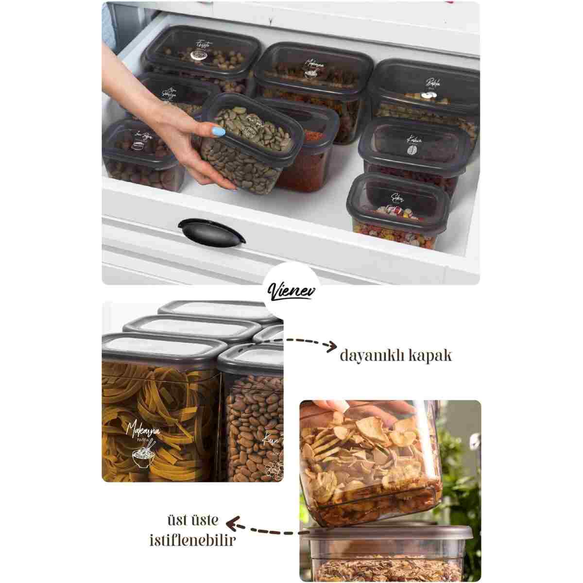 Vienev Beyaz Serigrafi Etiketli 15li Peggy Dikdörtgen Saklama Kabı Seti 5x(1500-1150-800 Ml) Antrasit - Görsel 12
