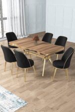 Canisa Prah Serisi 90x160 Lak Panel Hazar Gold Ayak Masa Takımı 6 Cappucino Sandalye - Görsel 6