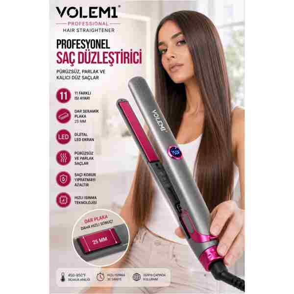 VOLEMİ Vm-004 Profesyonel Seramik Dar Plakalı Saç Düzleştirici Hızlı Isınma Dijital LED Ekran
