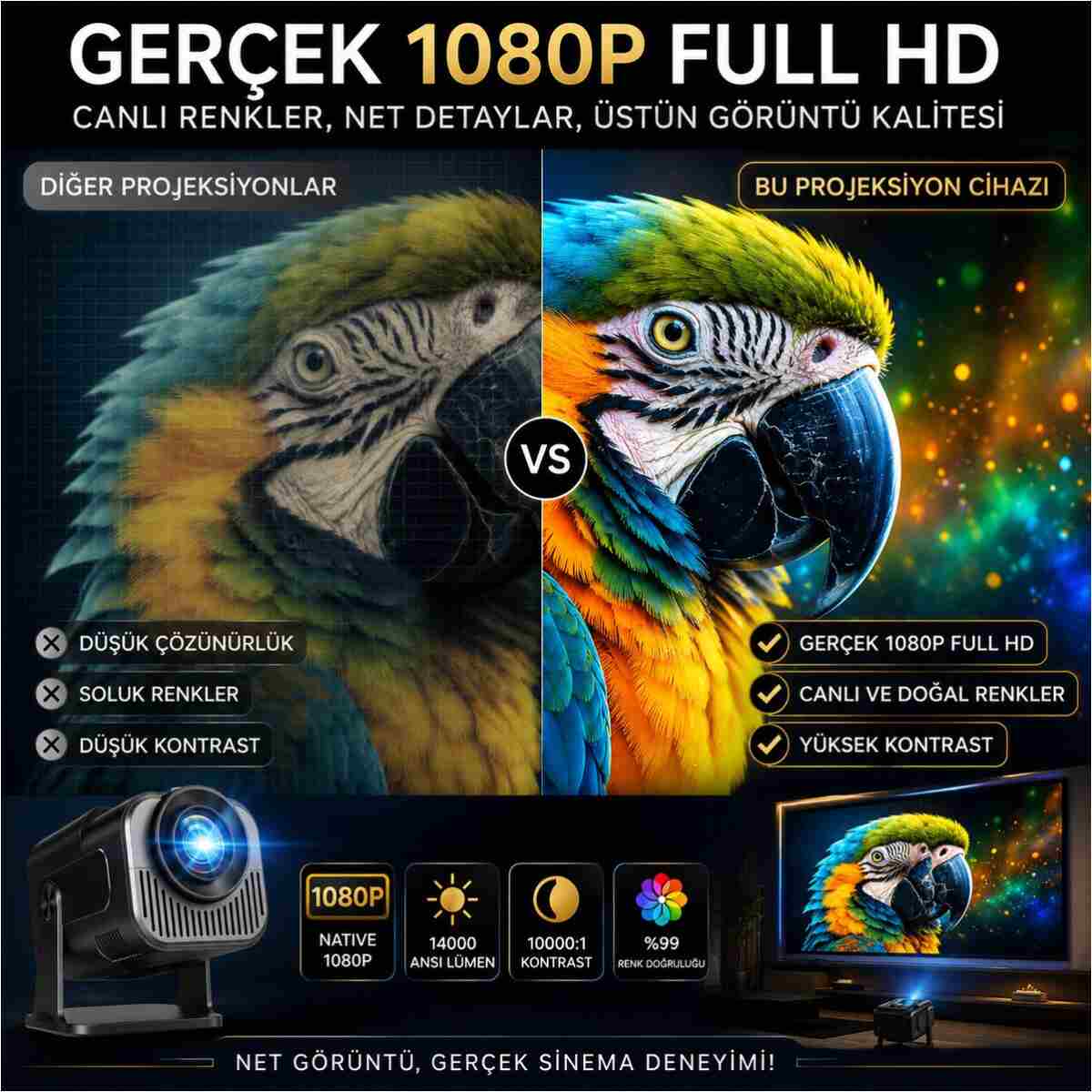 TARÇIN Taşınabilir 4K Destekli Full HD Projektör Oda Nemlendiricisi Hediyeli - 270° Döner Gövde - Görsel 4
