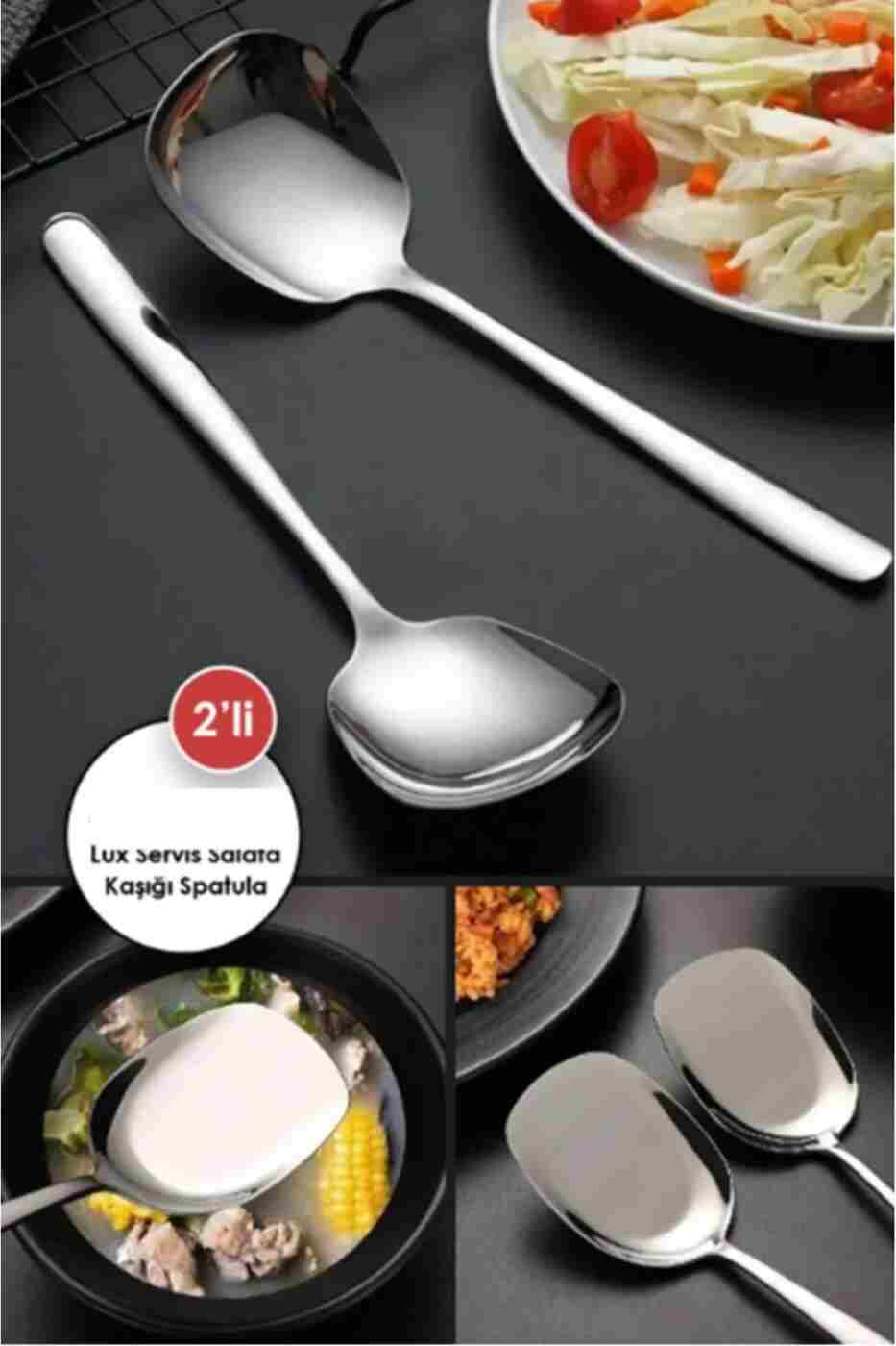 be59f080d820cc36d0c80eb61d0c8e9b AYGÖREN HOME 2 ADET Pratik 21 Cm Paslanmaz Çelik Lüx Servis Salata Kaşığı Spatula | Çelik Yemek Servis Kaşığ - Görsel 1