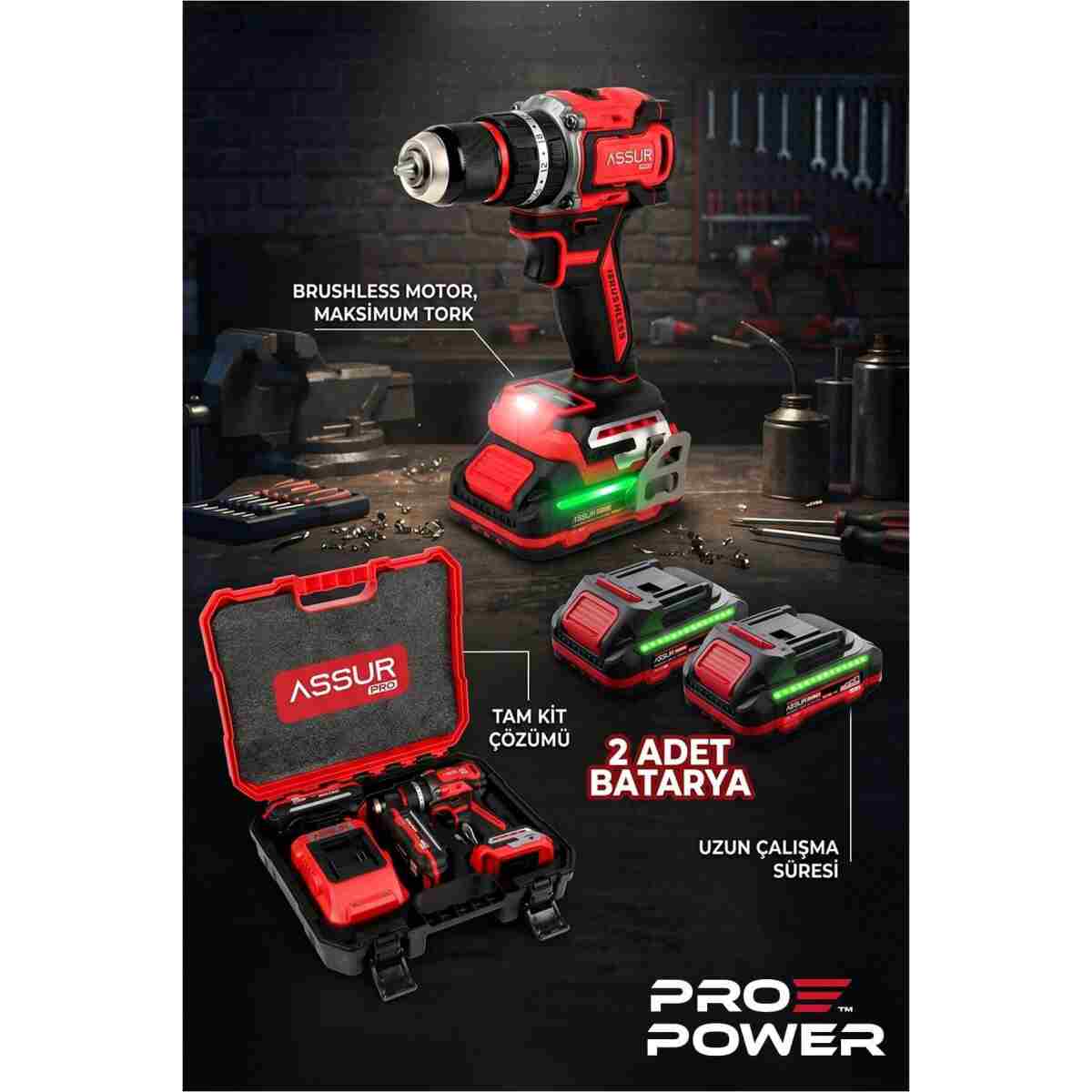 ASSUR 21V Pro Seri Kömürsüz Çift Akülü Metal Şanzıman Led Işıklı Taşıma Çantalı Şarjlı Darbeli Matkap - Görsel 5