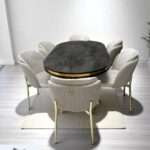 NUNKA HOME Arya Gold Line Serisi Krem Renk +6 Sandalyeli Mdf Lak Panel İroni Masa Takımı