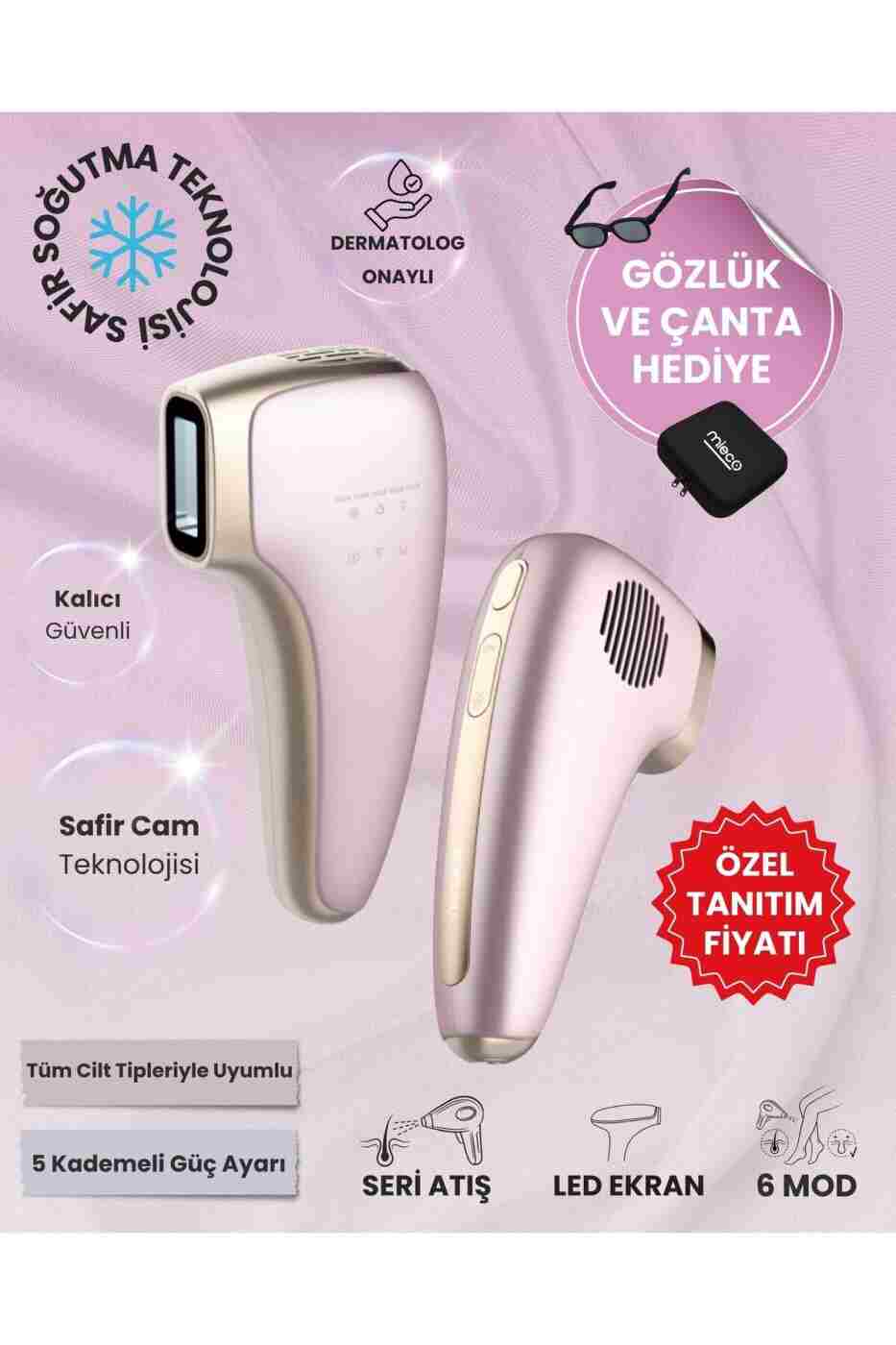Mieco Safir Soğutma Özellikli ipl Lazer Epilasyon Aleti (Safir Cam)-Rosegold + Gözlük ve Çanta Hediyeli