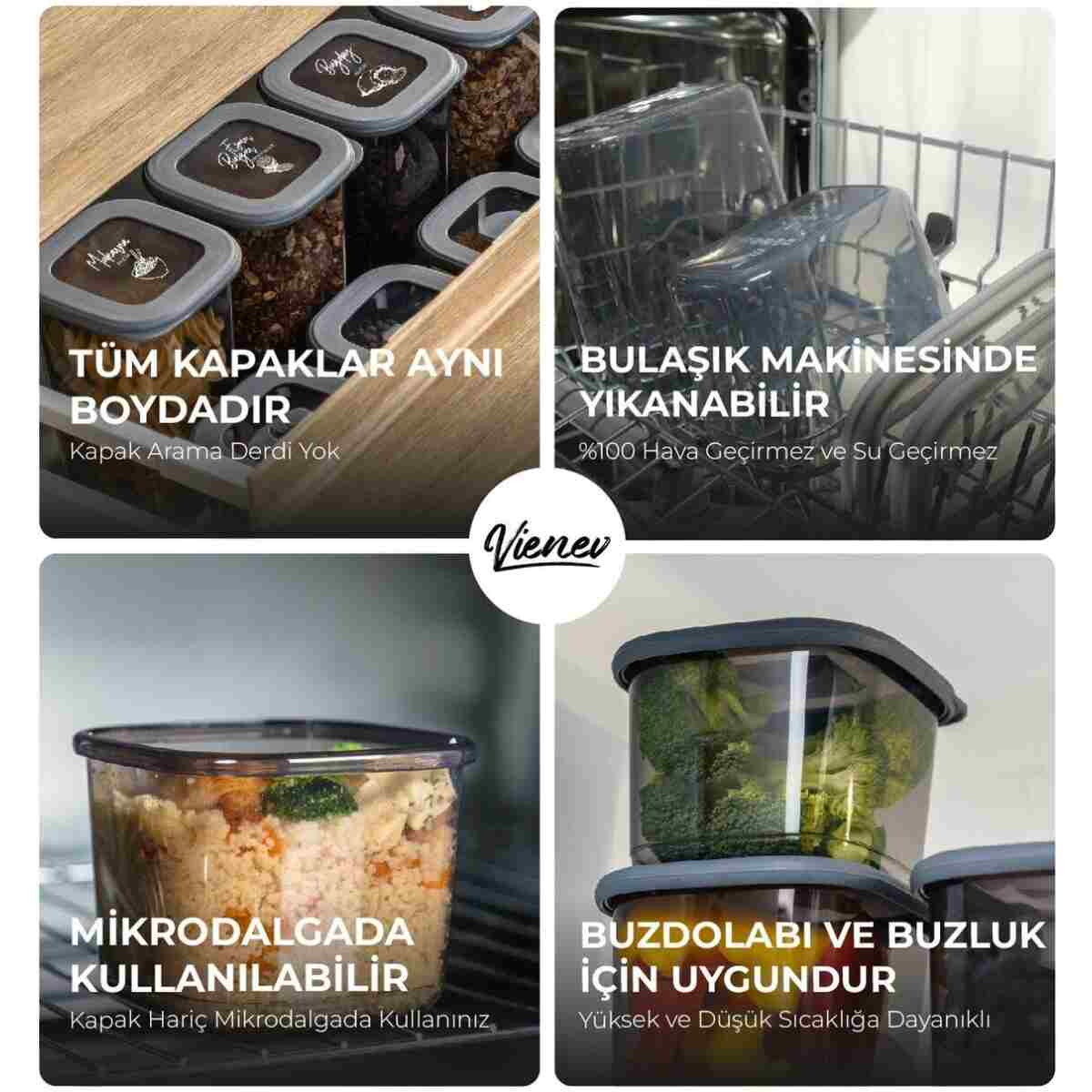 Vienev Beyaz Serigrafi Etiketli Kaşıklı Kare Erzak Saklama Kabı 12'li Set Küçük Boy 0,55 Litre - Görsel 7