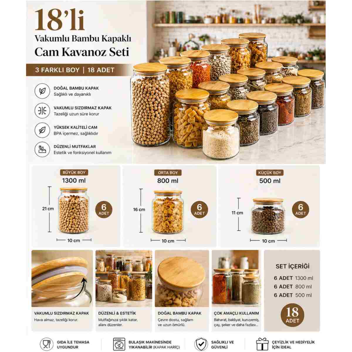 Karçiçeği Home Vakumlu, Bambu Kapaklı 18 Parça Cam Kavanoz Ve Çeyiz Seti 1300-800-500 ml - Görsel 5