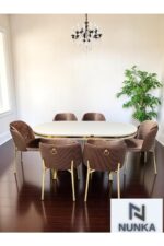 NUNKA HOME Arya Gold Line Cappuccino Serisi +6 Sandalyeli Mdf Lak Panel Beyaz Masa Takımı - Görsel 5