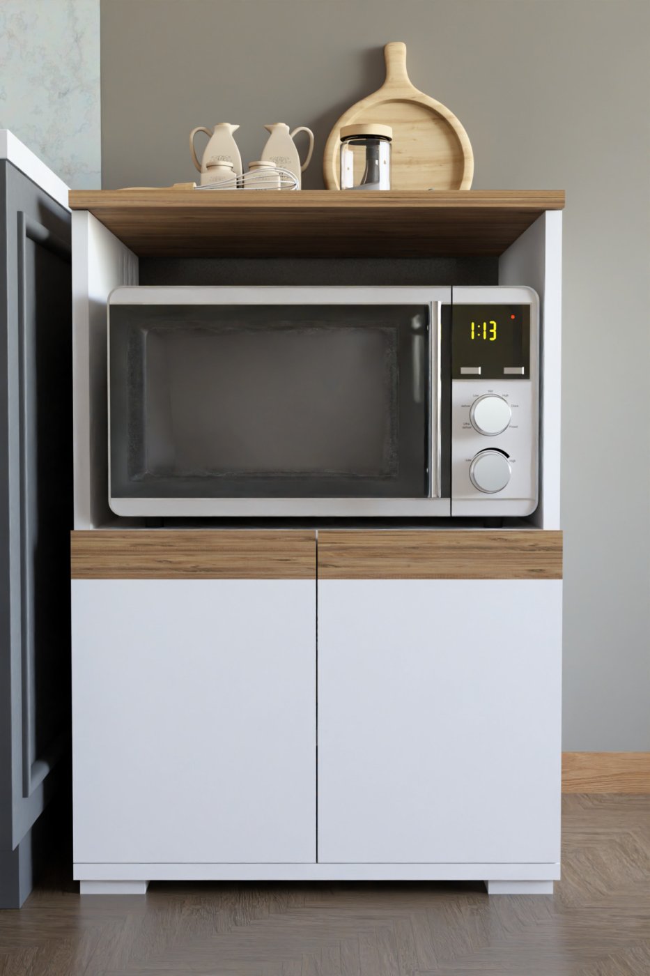 bf8d8587b38d68fb28da8a88f29a5586 DEKOZUM MİCROCHEF Mikro Dalga Fırın Dolabı Çok Amaçlı Mutfak Dolabı Set Altı Dolap BEYAZ-ÇAM - Görsel 1