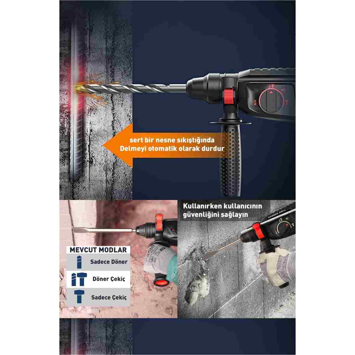 ASSUR 850W Metal Şanzıman Darbeli Matkap Kırıcı Delici Hilti 2-28mm - Görsel 4