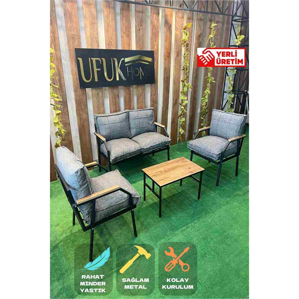 UFUK HOME Linda 211 Sehpalı Antrasit Fermuarlı Bahçe Balkon Takımı, Cafe, Salon - Metal Kanepe Koltuk Takımı - Görsel 10