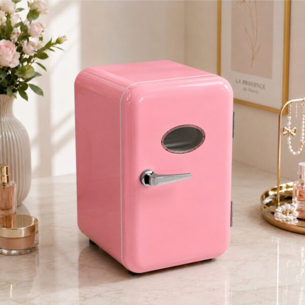 DİAMOND OUTLET Retro Mini Buzdolabı Tek Kapaklı Taşınabilir Soğutucu Isıtıcı Pembe