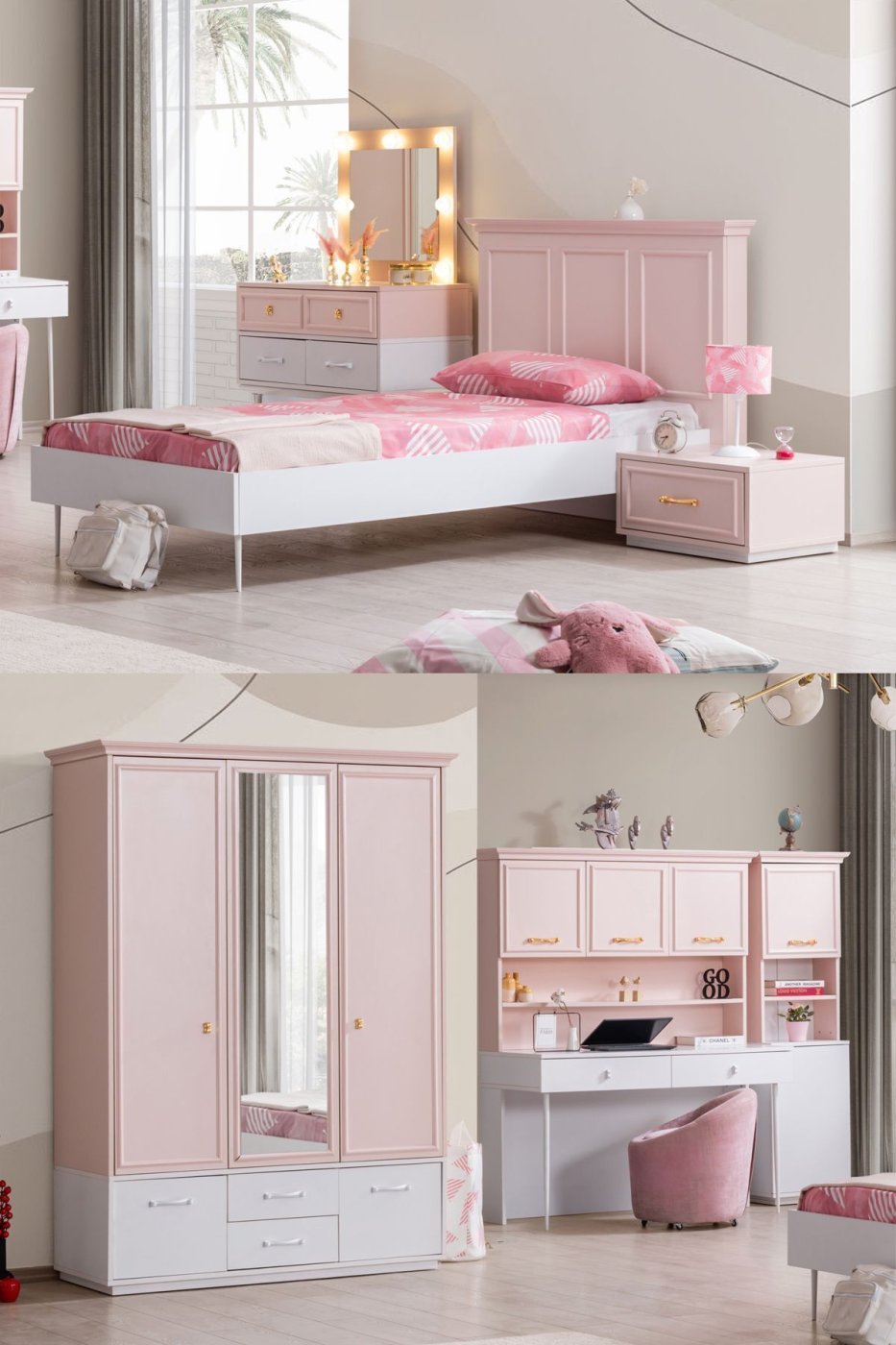 c0ceb766033e31e51fd98038ec6ec3b2 Setay Rosa Genç Odası - 3 Kapılı Dolap, Karyola, Komodin, Masa, Şifonyer, Kitaplık - Görsel 1
