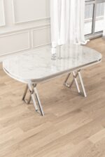 Canisa Zae Serisi 90x168 Lak Panel Beyaz Mermer Desen Krom Ayak Masa Takımı 6 Gri Sandalye - Görsel 3