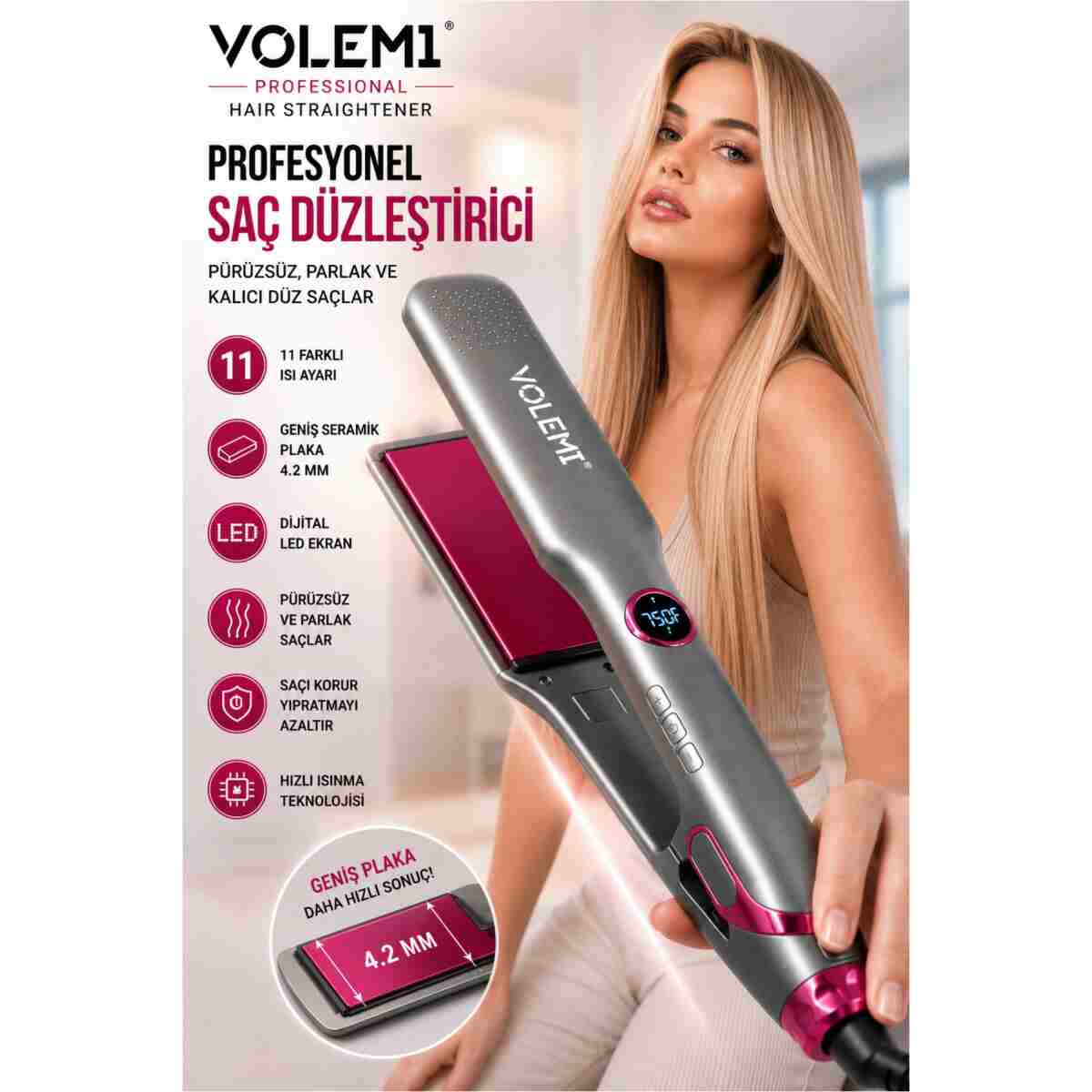 VOLEMİ V-0102 Profesyonel Seramik Çift Plaka Saç Düzleştirici 11 farklı ısı Ayarlı Renk Koruma Teknolojisi - Görsel 11