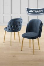 Canisa Zae Serisi 90x168 Lak Panel Beyaz Mermer Desen Gold Ayak Masa Takımı 6 Antrasit Sandalye - Görsel 3