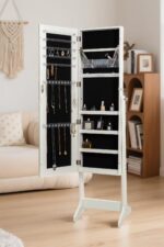 Myplas Modern Tasarımlı Aynalı Kitlenebilir Ahşap Takı ve Makyaj Dolabı Ayaklı Boy Aynası Beyaz 160x37 - Görsel 13