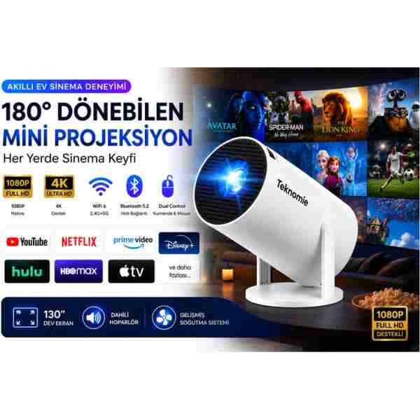 TARÇIN 2026 Versiyon Akıllı Projeksiyon Cihazı - Standlı Taşınabilir Ev Sineması - Android TV