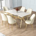 Canisa Concept Prah Serisi 90x160 Lak Panel Beyaz Mermer Desen Gold Ayak Masa Takımı 6 Krem Sandalye