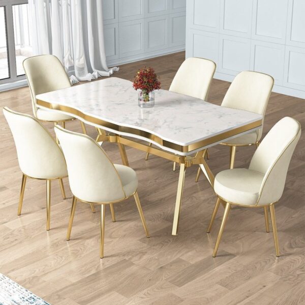 Canisa Concept Prah Serisi 90x160 Lak Panel Beyaz Mermer Desen Gold Ayak Masa Takımı 6 Krem Sandalye