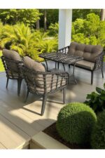 Tu Tienda KARTEPE ALÜMİNYUM 2 1 1 SEHPA(60*90) RATTAN BAHÇE BALKON TAKIMI,ANTRASİT RATTAN/GRİ KUMAŞ - Görsel 4
