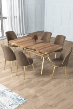Canisa Prah Serisi 90x160 Lak Panel Hazar Gold Ayak Masa Takımı 6 Cappucino Sandalye
