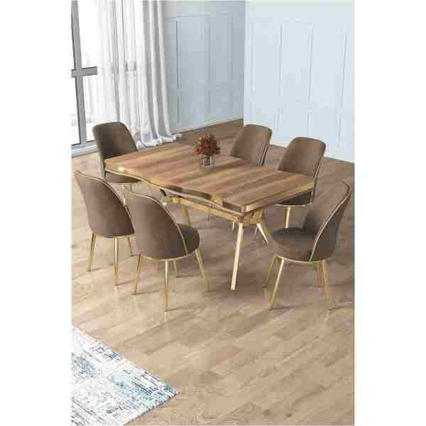 Canisa Prah Serisi 90x160 Lak Panel Hazar Gold Ayak Masa Takımı 6 Cappucino Sandalye