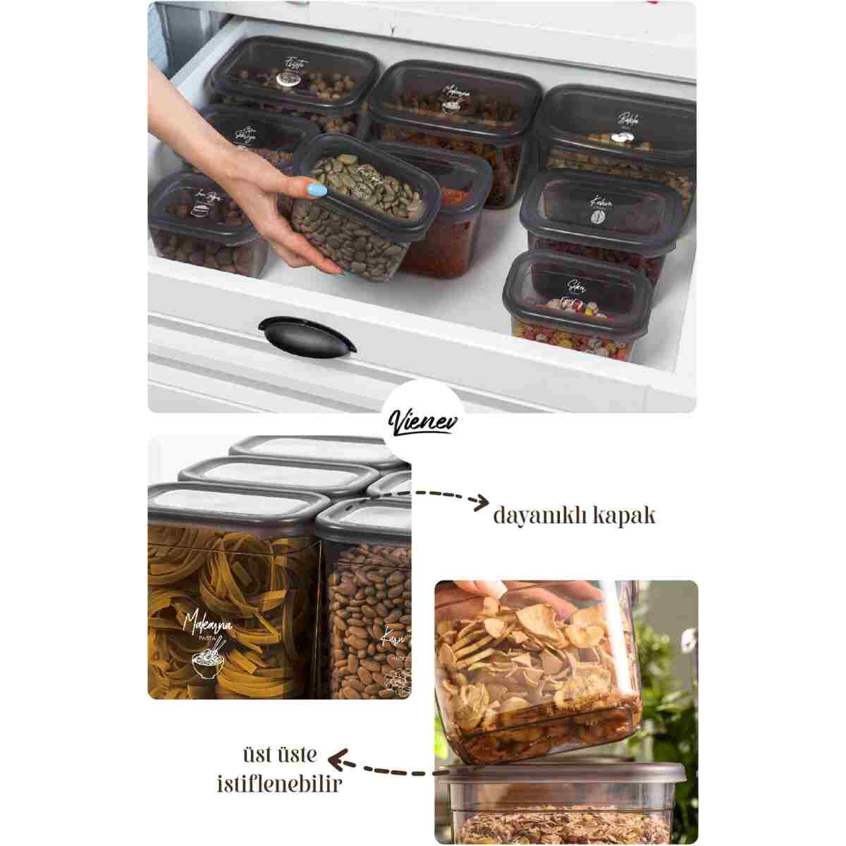 Vienev Beyaz Serigrafi Etiketli 12li Peggy Dikdörtgen Saklama Kabı Seti 1500 Ml Antrasit - Görsel 5