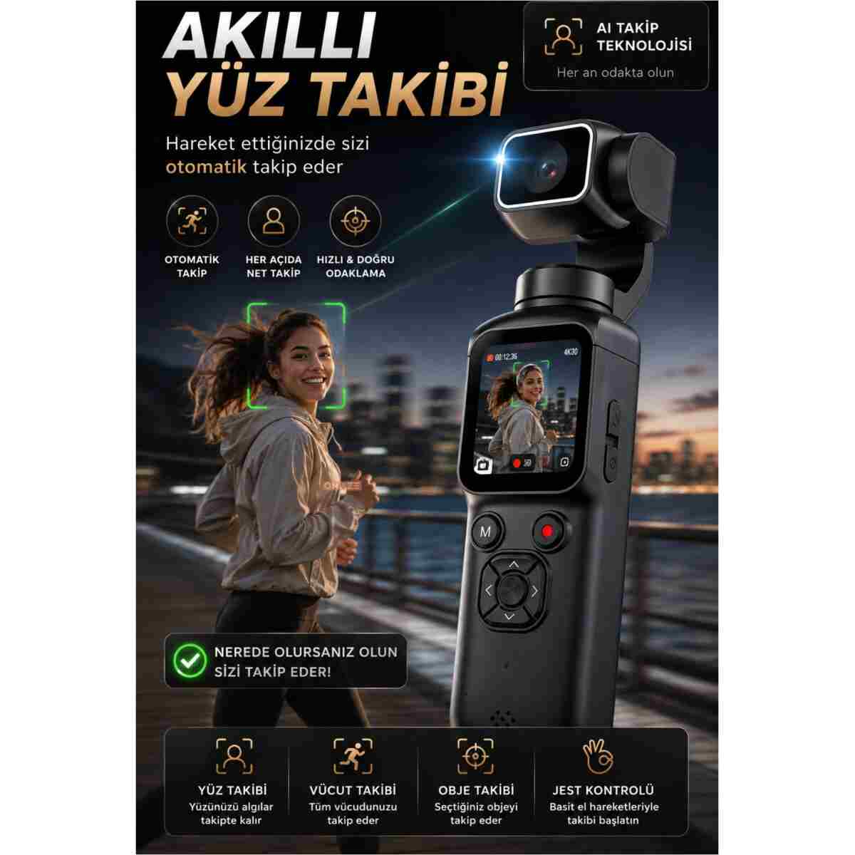 Omaze 4K Ultra Hd Profesyonel Aksiyon Kamerası Gimbal 360 Dönüş Dokunmatik Ekran Profesyonel Vlog Çekim - Görsel 5