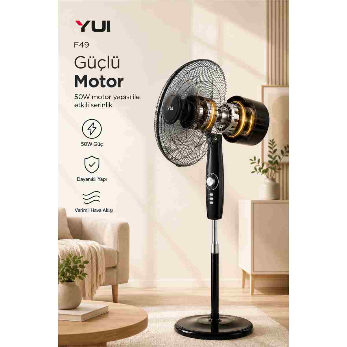 Yui F49 Siyah 16 Inç 50W 4 Kademe 5 Pervane Döner Başlıklı Vantilatör - Görsel 6