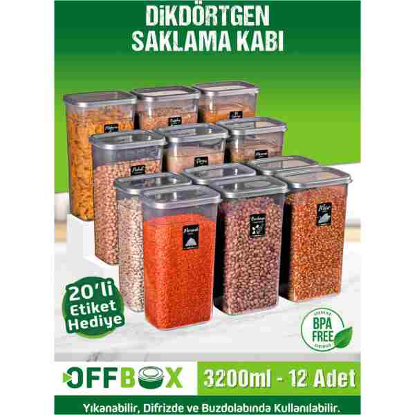 OFFBOX 12 Adet 24 Parça 3,2 Litre Mega Boy Dikdörtgen Erzak Bakliyat Saklama Kabı 20 Etiket Hediyeli