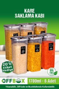 OFFBOX 6 Adet 12 Parça 1,7 Litre Jumbo Boy Kare Erzak Saklama Kabı Seti 20 Etiket Hediyeli