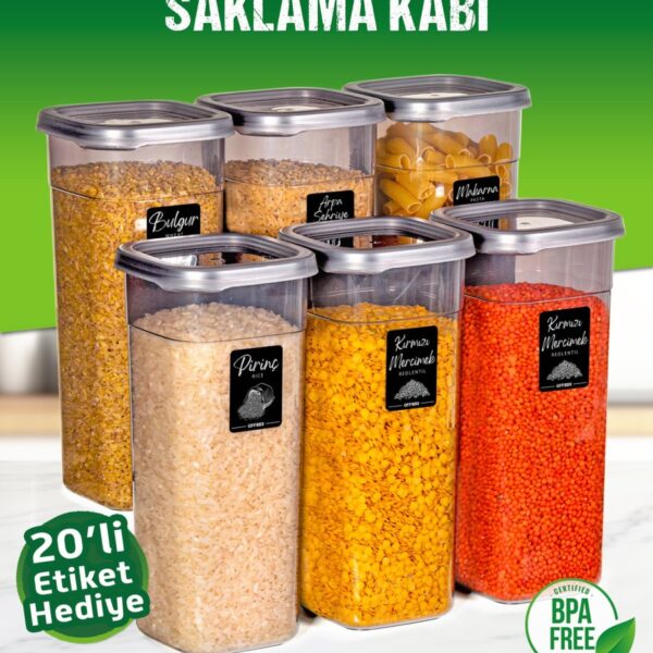 OFFBOX 6 Adet 12 Parça 1,7 Litre Jumbo Boy Kare Erzak Saklama Kabı Seti 20 Etiket Hediyeli