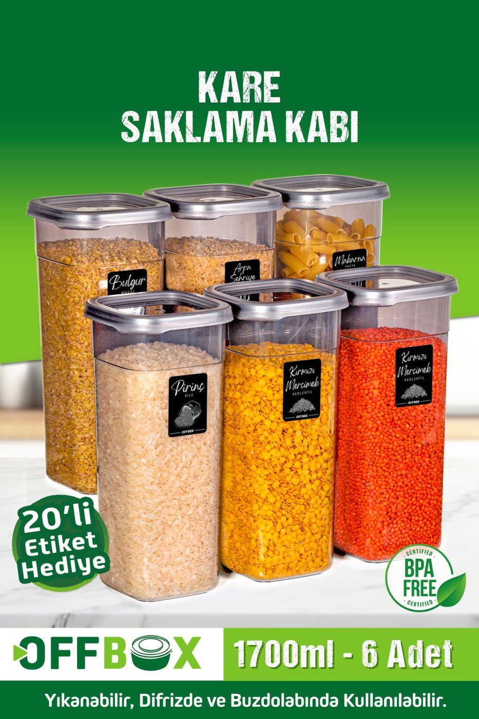 c3c125dfa47dd368bc6959816eec1c64 OFFBOX 6 Adet 12 Parça 1,7 Litre Jumbo Boy Kare Erzak Saklama Kabı Seti 20 Etiket Hediyeli - Görsel 1
